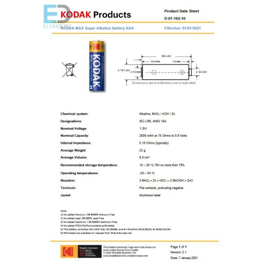 KODAK MAX  KAA-4 AA LR6 MN1500 E91 1,5V  B4  ( 1 db ceruza elem )
