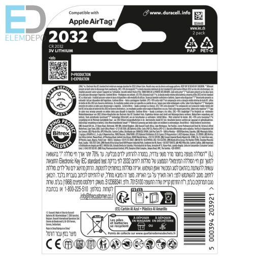 Duracell Lithium CR2032 3V B2 +70% Extra Life NEW ( 1db elem )