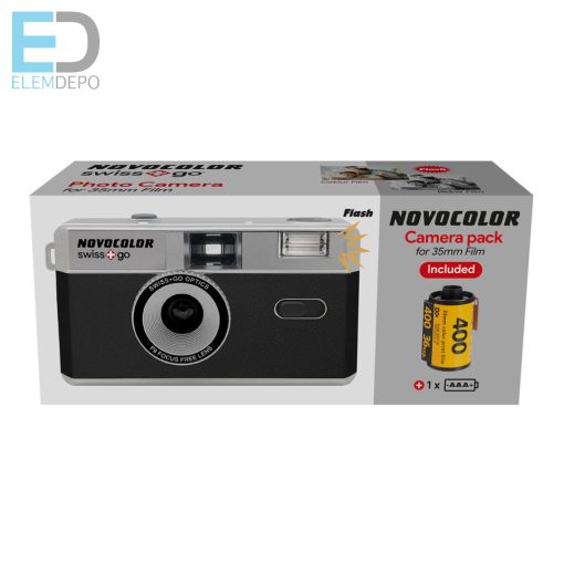 Novocolor swiss+go  35 mm-es újrafelhasználható analóg fényképezőgép vakuval (Film+elem+tok+szíj)(fekete )