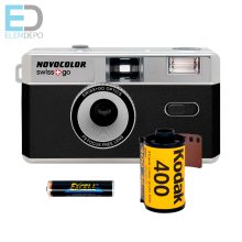Novocolor swiss+go  35 mm-es újrafelhasználható analóg fényképezőgép vakuval (Film+elem+tok+szíj)(fekete )