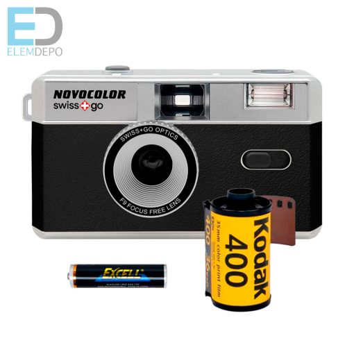 Novocolor swiss+go  35 mm-es újrafelhasználható analóg fényképezőgép vakuval (Film+elem+tok+szíj)(fekete )