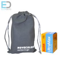 Novocolor swiss+go  35 mm-es újrafelhasználható analóg fényképezőgép vakuval (Film+elem+tok+szíj)(fekete )