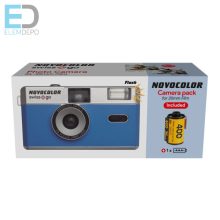 Novocolor swiss+go  35 mm-es újrafelhasználható analóg fényképezőgép (Film+elem+vaku+fekete tok+szíj (kék )