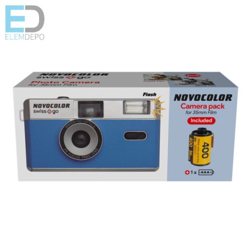 Novocolor swiss+go  35 mm-es újrafelhasználható analóg fényképezőgép (Film+elem+vaku+fekete tok+szíj (kék )