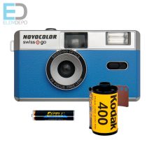 Novocolor swiss+go  35 mm-es újrafelhasználható analóg fényképezőgép (Film+elem+vaku+fekete tok+szíj (kék )