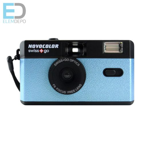 Novocolor swiss+go  35 mm-es újrafelhasználható analóg fényképezőgép (Film+elem+vaku+fekete tok+szíj (kék )