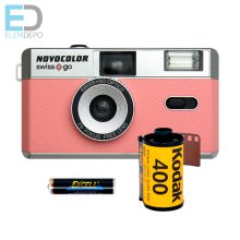Swiss+go Novocolor Pink 35 mm-es analóg fényképezőgép tokkal, vakuval | Védőszíj | Kodak Film 36 kép | AAA elem