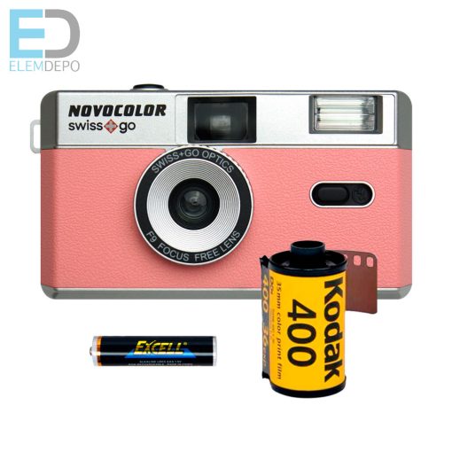 Swiss+go Novocolor Pink 35 mm-es analóg fényképezőgép tokkal, vakuval | Védőszíj | Kodak Film 36 kép | AAA elem